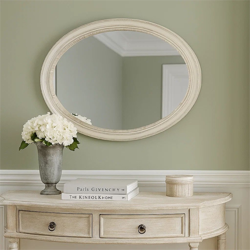 Oval Shaped Wooden Mirror with Molded Details- Antique White
