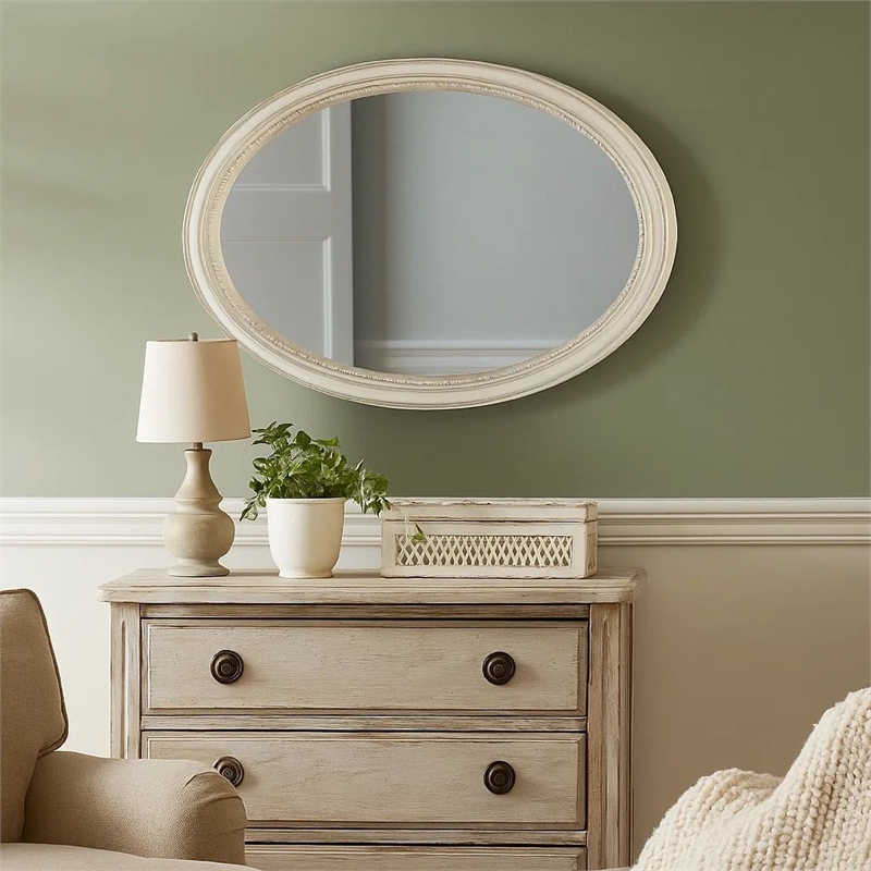 Oval Shaped Wooden Mirror with Molded Details- Antique White