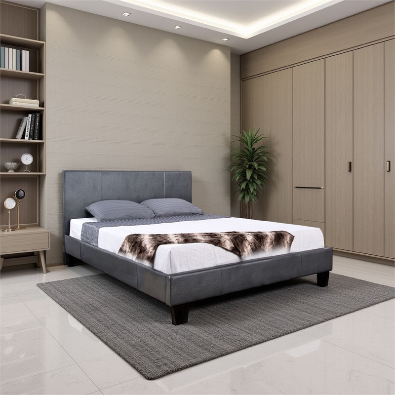 Faux Leather Upholstered Twin Bed with Vertical Stitched Details- Gray