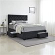 Fabric Upholstered Wooden Queen Size Bed with Bottom Drawers- Black