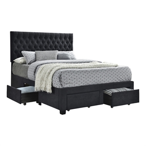 Fabric Upholstered Wooden Queen Size Bed with Bottom Drawers- Black