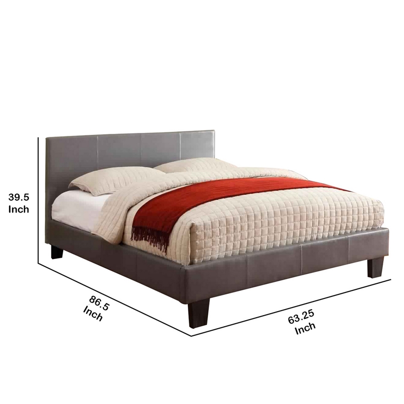 Leatherette Platform Style Queen Size Bed with Tapered Block Feet- Gray
