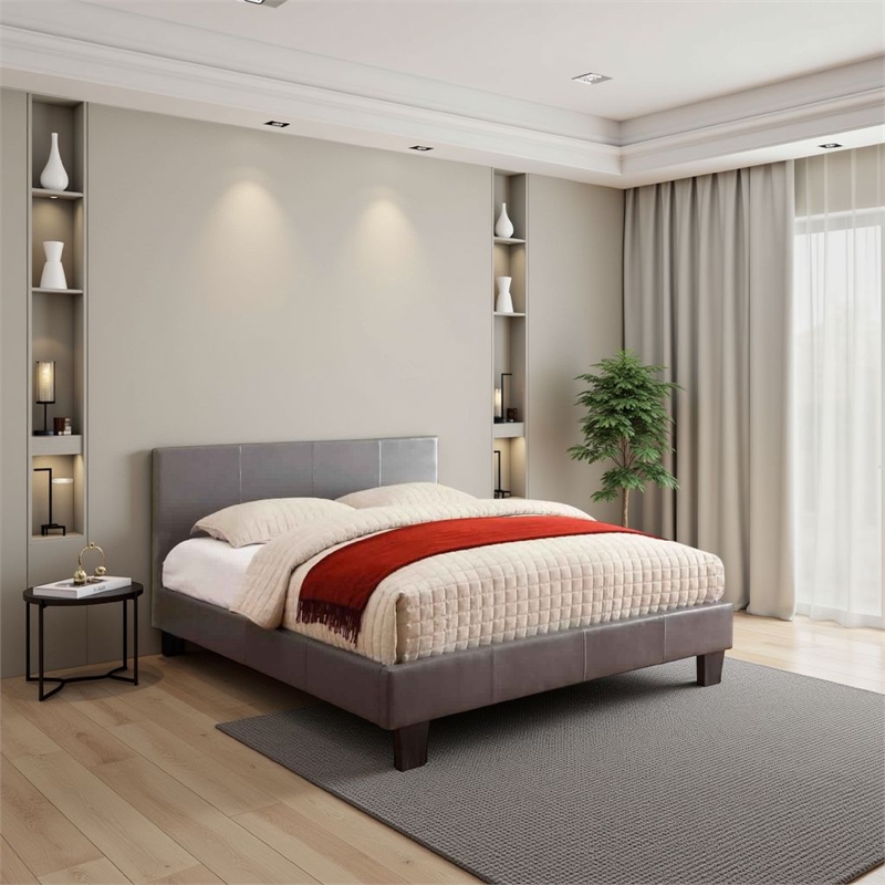 Leatherette Platform Style Queen Size Bed with Tapered Block Feet- Gray