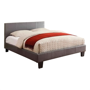 Leatherette Platform Style Queen Size Bed with Tapered Block Feet- Gray