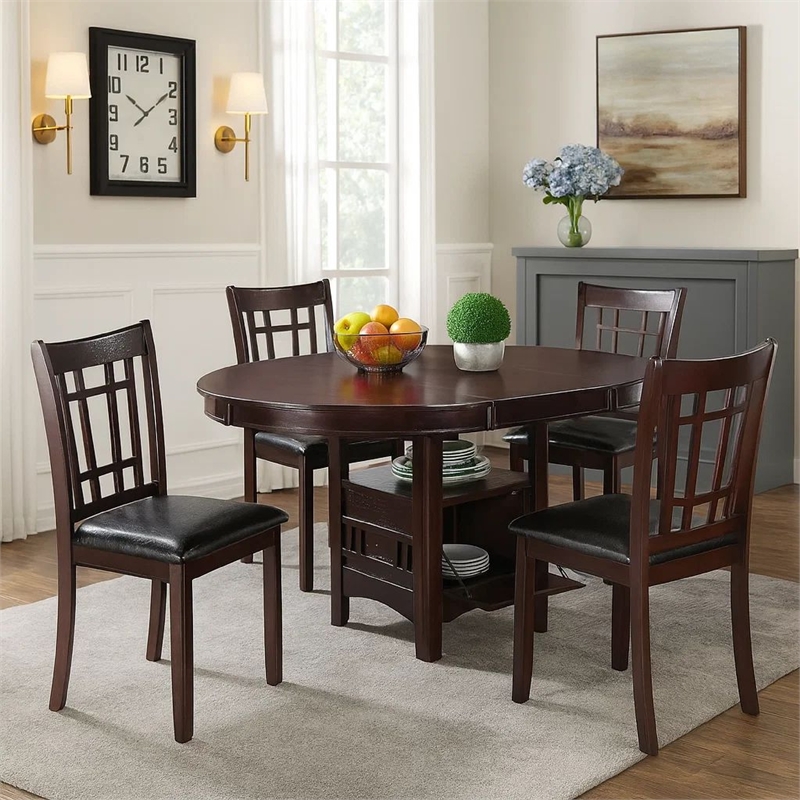 5 Piece Dining Set- 42 Inch Round Extendable Table With 4 Chairs- Espresso