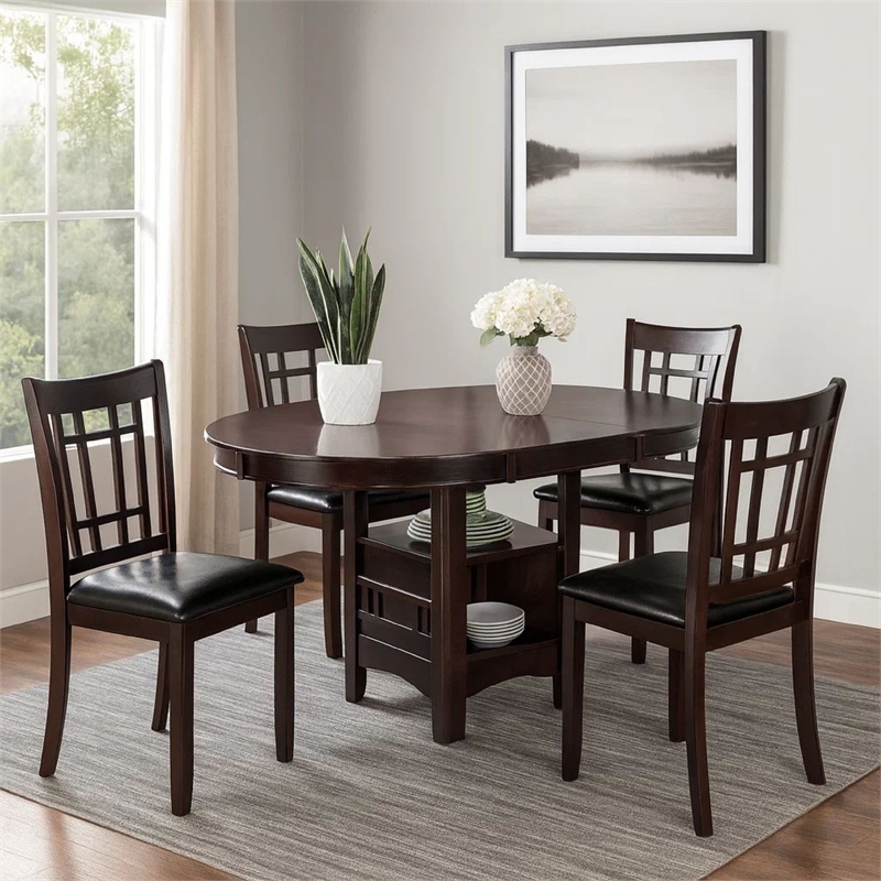5 Piece Dining Set- 42 Inch Round Extendable Table With 4 Chairs- Espresso