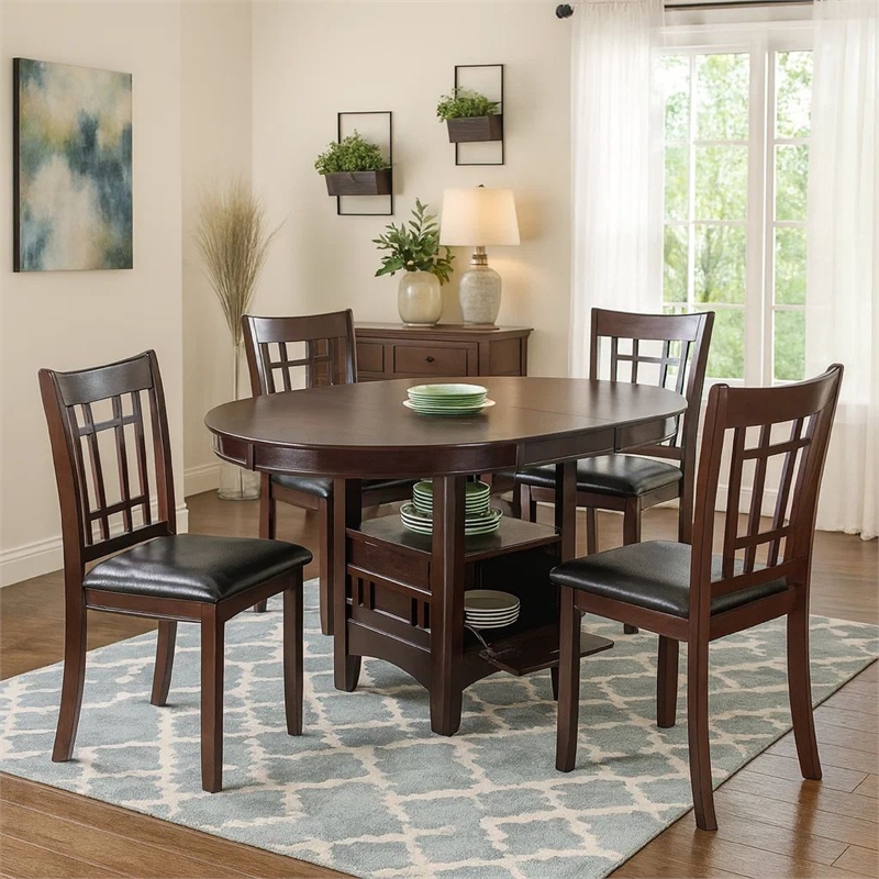 5 Piece Dining Set- 42 Inch Round Extendable Table With 4 Chairs- Espresso