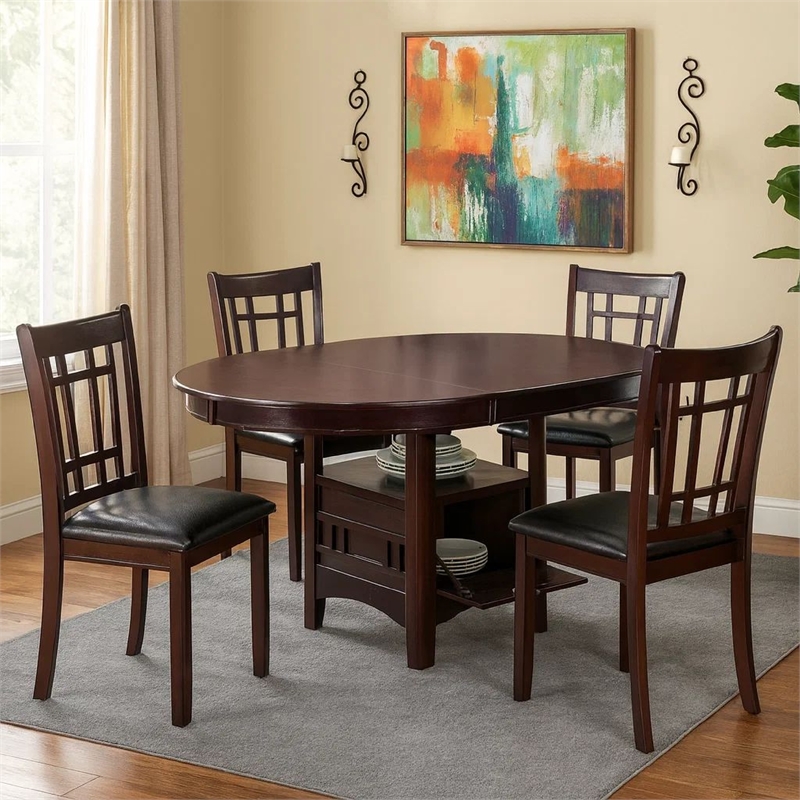 5 Piece Dining Set- 42 Inch Round Extendable Table With 4 Chairs- Espresso