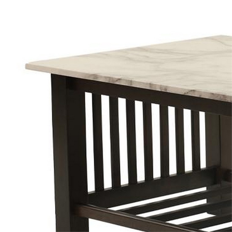 Moen 47 Inch Coffee Table- White Faux Marble Top- Bottom Shelf- Black Wood