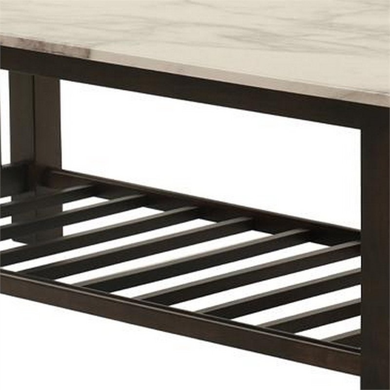 Moen 47 Inch Coffee Table- White Faux Marble Top- Bottom Shelf- Black Wood