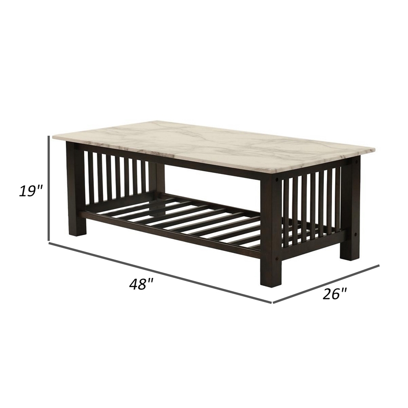 Moen 47 Inch Coffee Table- White Faux Marble Top- Bottom Shelf- Black Wood