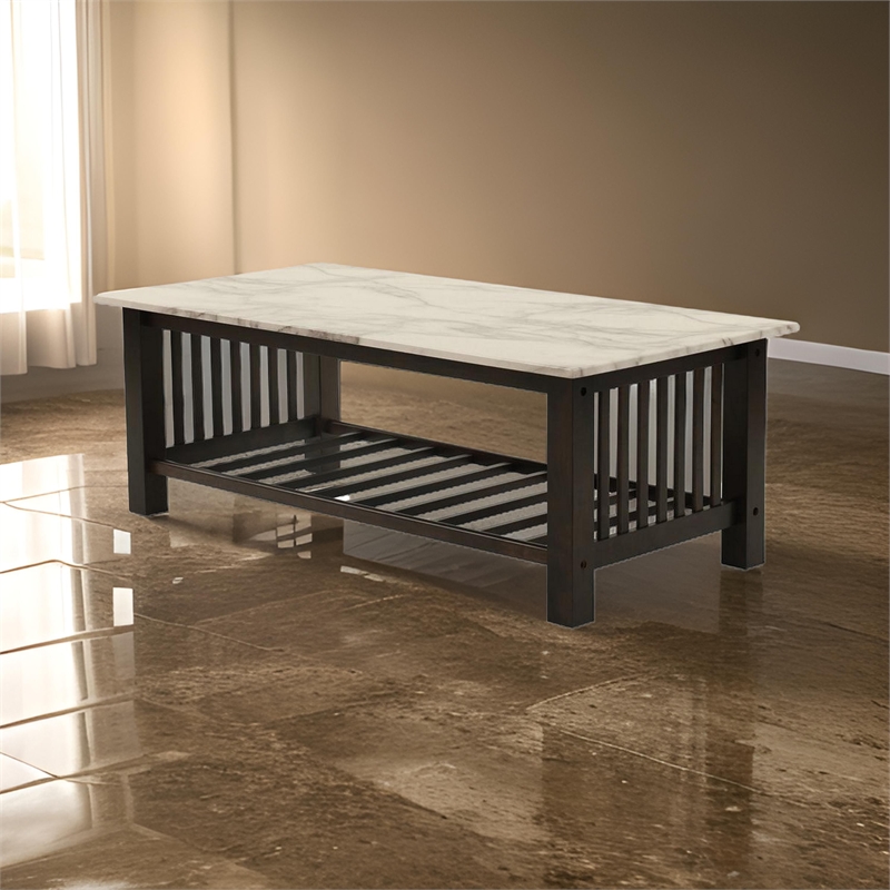 Moen 47 Inch Coffee Table- White Faux Marble Top- Bottom Shelf- Black Wood