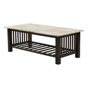 Moen 47 Inch Coffee Table- White Faux Marble Top- Bottom Shelf- Black Wood
