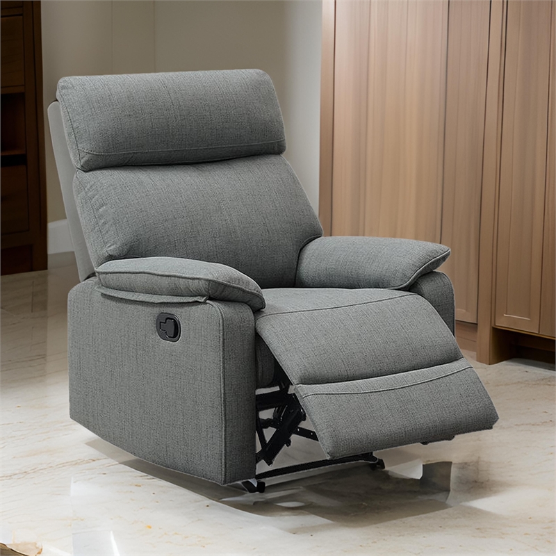Fery 35 Inch Manual Recliner Chair- Gray Burlap- Cushioned Seat- Solid Wood