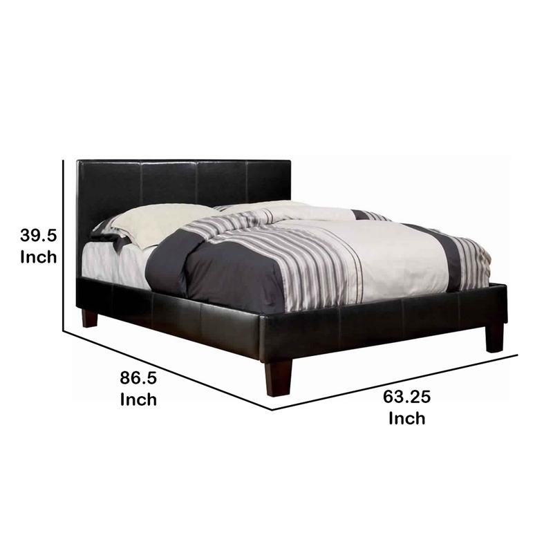 Leatherette Platform Style Queen Bed with Tapered Block Feet- Dark Brown
