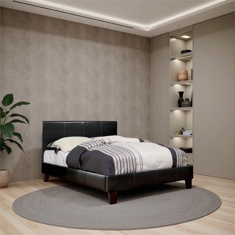 Leatherette Platform Style Queen Bed with Tapered Block Feet- Dark Brown
