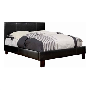 Leatherette Platform Style Queen Bed with Tapered Block Feet- Dark Brown