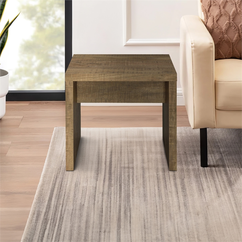Nette 24 Inch End Table with Rough Hewn Saw Marks- Wood- Natural Brown