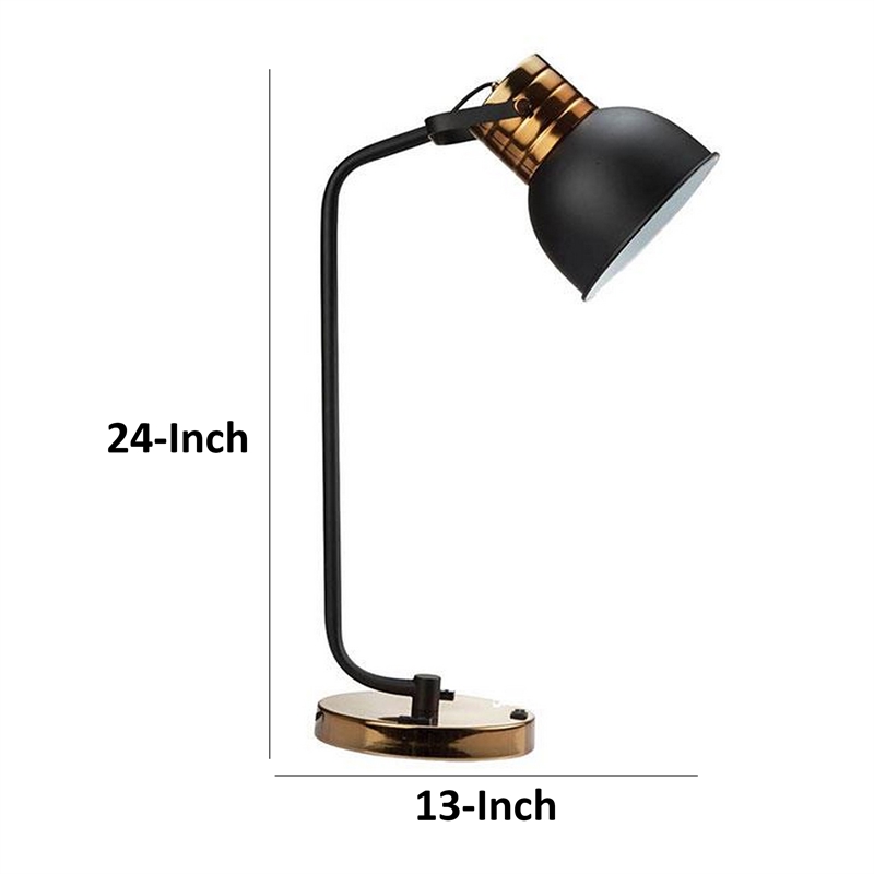 24 Inch Table Lamp- Angled Stem- Round Base- Metal- Black- Antique Gold