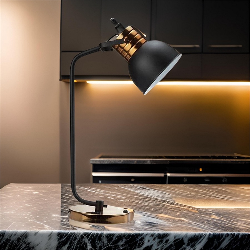 24 Inch Table Lamp- Angled Stem- Round Base- Metal- Black- Antique Gold