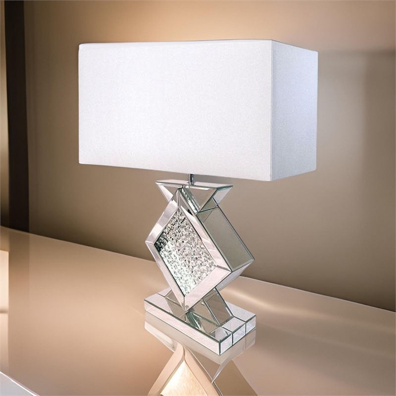 27 Inch Table Lamp- Acrylic Crystals- Diamond Base- Champagne Silver Metal