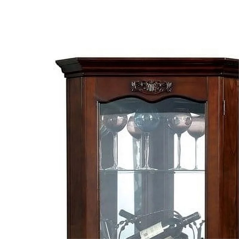 72 Inch Corner Curio Cabinet- 5 Shelves- Tempered Glass Door- Brown Wood