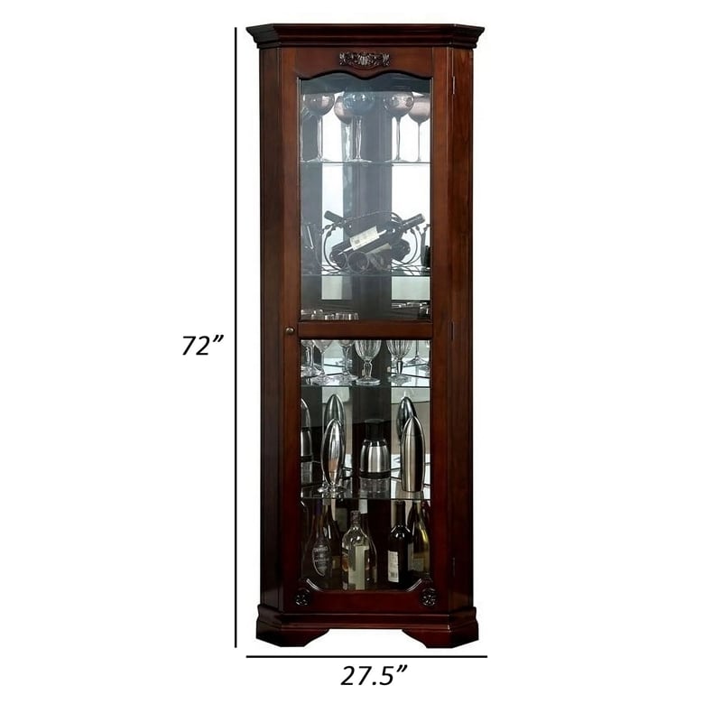 72 Inch Corner Curio Cabinet- 5 Shelves- Tempered Glass Door- Brown Wood