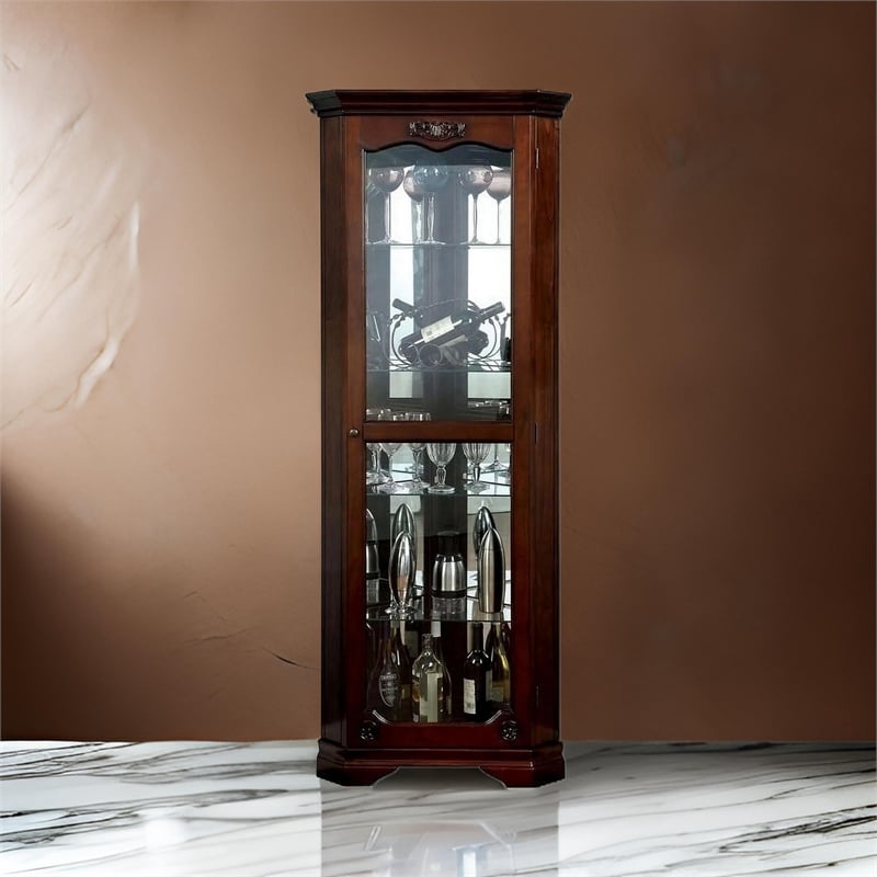 72 Inch Corner Curio Cabinet- 5 Shelves- Tempered Glass Door- Brown Wood