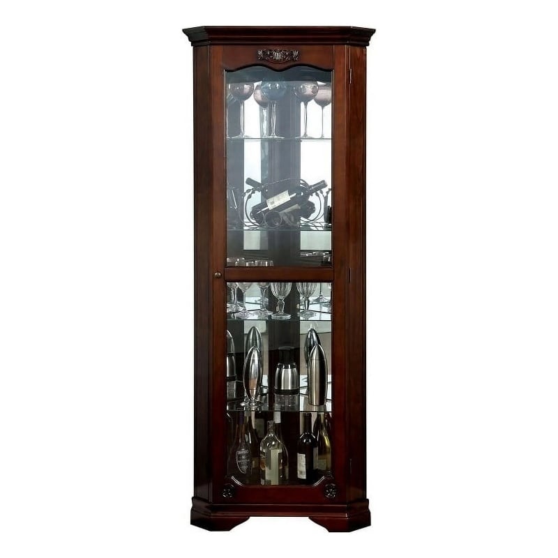 72 Inch Corner Curio Cabinet- 5 Shelves- Tempered Glass Door- Brown Wood