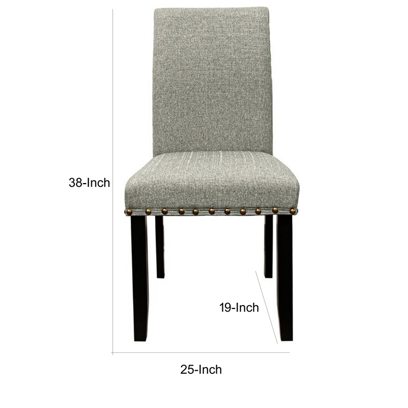 25 Inch Dining Chairs-Set of 2-Nailhead Trim-Padded Gray Upholstery-Black Wood