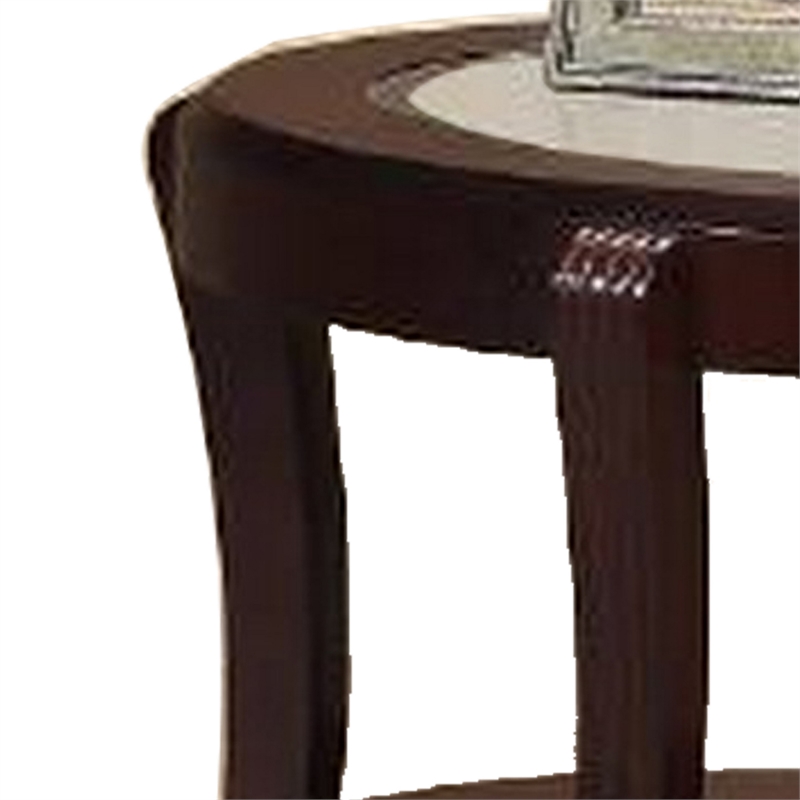 Lyn 31 Inch Side End Table with Oval Glass Top and Lower Shelf- Brown Wood