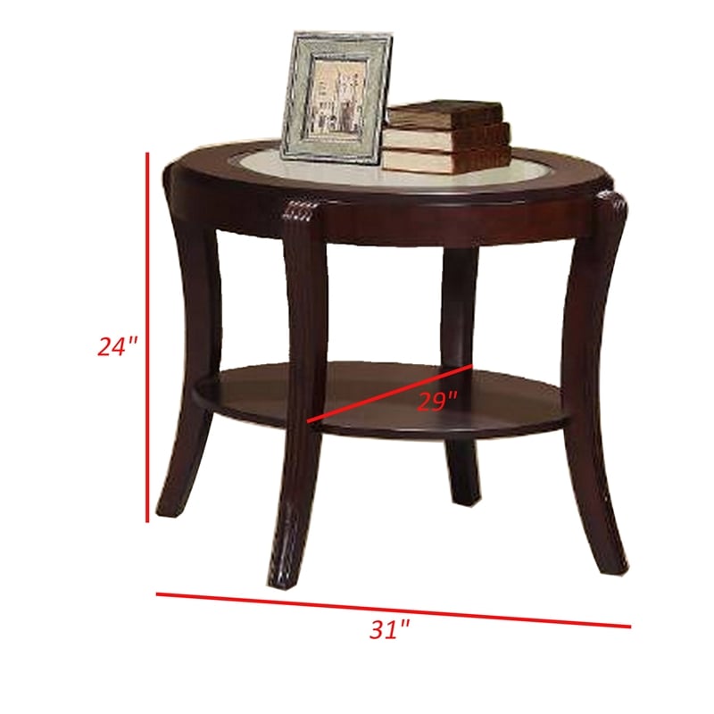 Lyn 31 Inch Side End Table with Oval Glass Top and Lower Shelf- Brown Wood