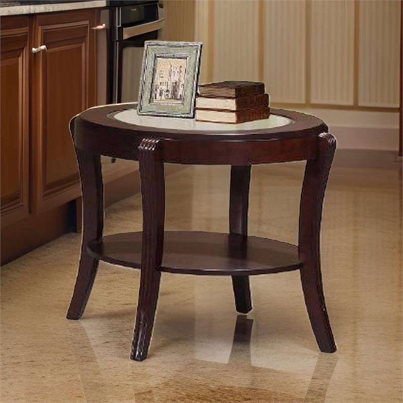 Lyn 31 Inch Side End Table with Oval Glass Top and Lower Shelf- Brown Wood