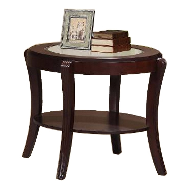 Lyn 31 Inch Side End Table with Oval Glass Top and Lower Shelf- Brown Wood