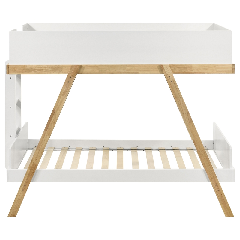 Anky Twin Size Bunk Bed- Brown Wood- 3 Side Panel Rails- Ladder- White