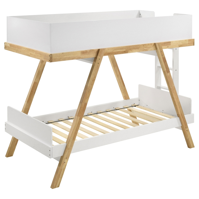 Anky Twin Size Bunk Bed- Brown Wood- 3 Side Panel Rails- Ladder- White