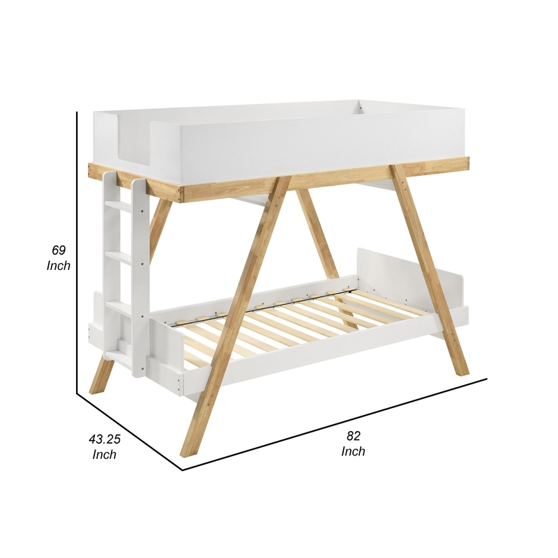 Anky Twin Size Bunk Bed- Brown Wood- 3 Side Panel Rails- Ladder- White