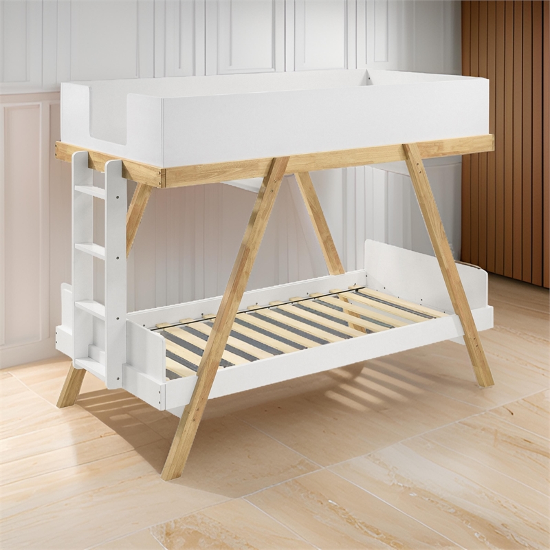Anky Twin Size Bunk Bed- Brown Wood- 3 Side Panel Rails- Ladder- White
