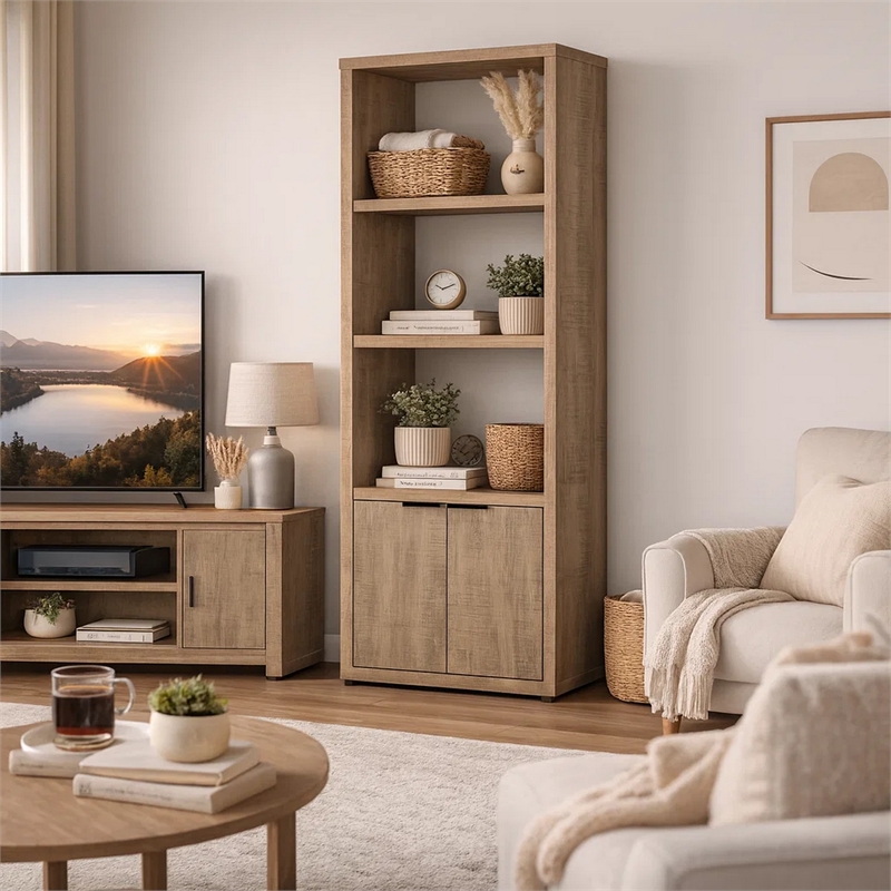 Tag 71 Inch Media Tower with 3 Shelves- 2 Doors- MDF Wood- Mango Brown