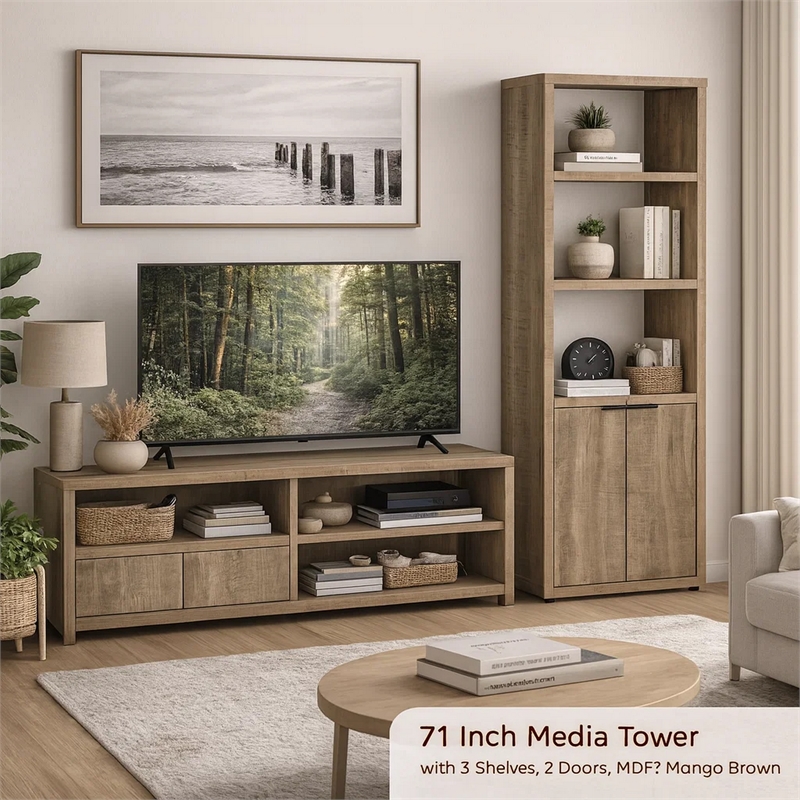 Tag 71 Inch Media Tower with 3 Shelves- 2 Doors- MDF Wood- Mango Brown