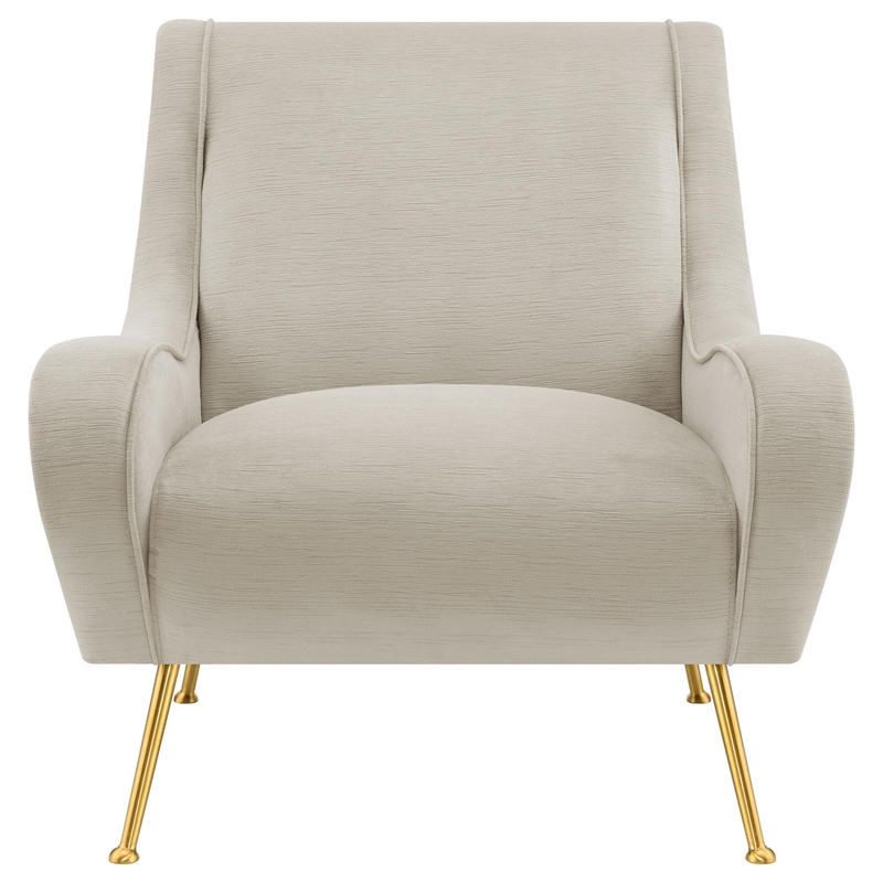 Rik 31 Inch Accent Armchair- Metal Legs- Velvet- Stone Beige and Gold