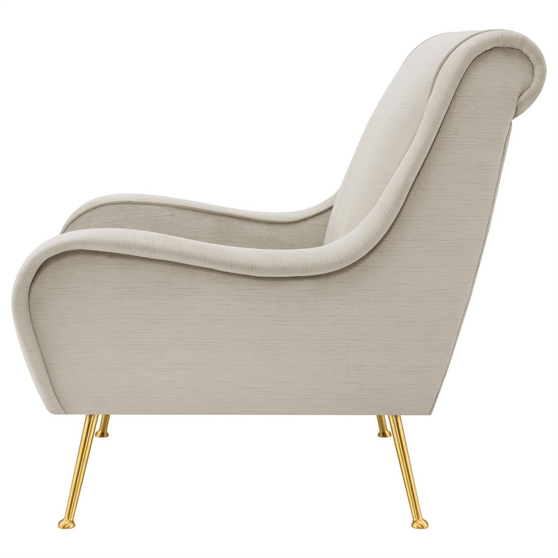 Rik 31 Inch Accent Armchair- Metal Legs- Velvet- Stone Beige and Gold