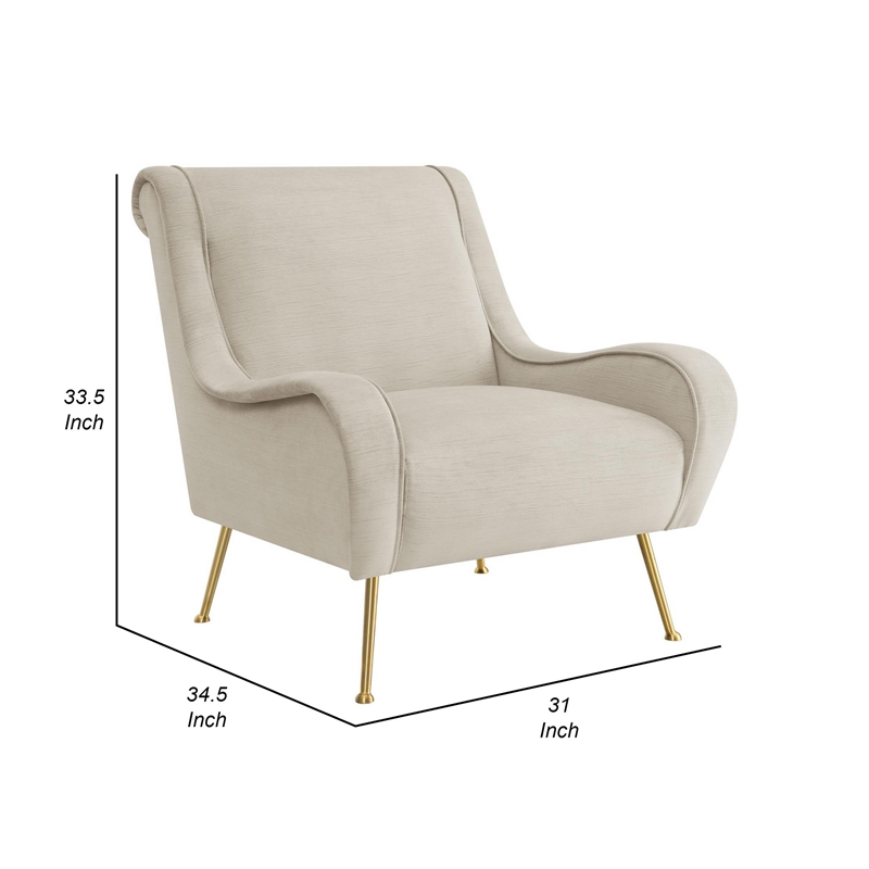 Rik 31 Inch Accent Armchair- Metal Legs- Velvet- Stone Beige and Gold