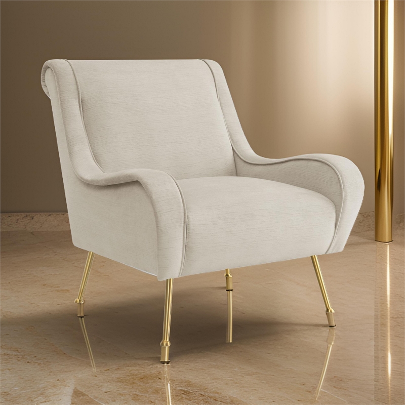 Rik 31 Inch Accent Armchair- Metal Legs- Velvet- Stone Beige and Gold