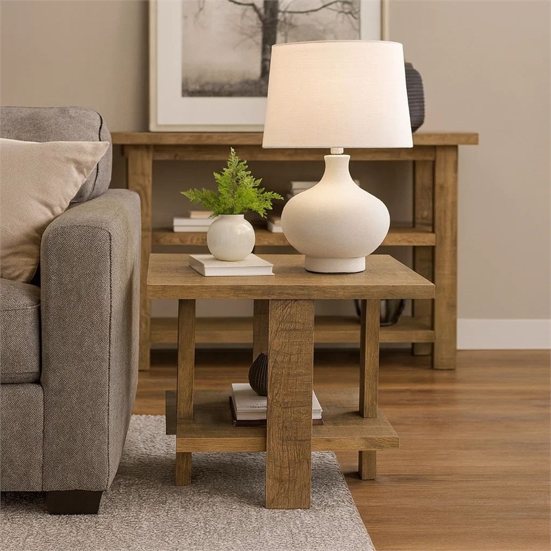 Dew 24 Inch Side End Table with Lower Shelf- Engineered Wood- Mango Brown