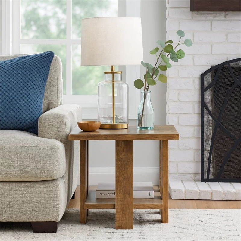 Dew 24 Inch Side End Table with Lower Shelf- Engineered Wood- Mango Brown