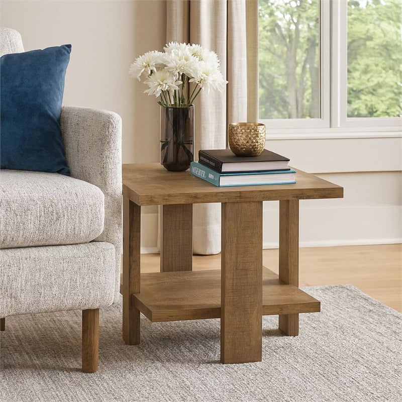 Dew 24 Inch Side End Table with Lower Shelf- Engineered Wood- Mango Brown