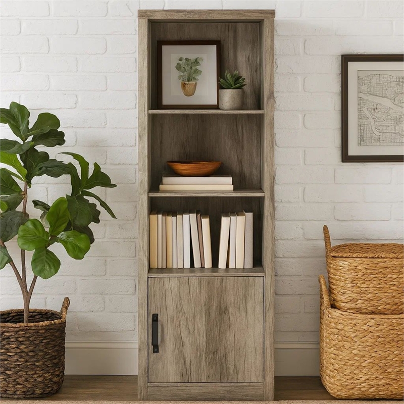 Sac 71 Inch Media Pier Tower with 3 Shelves and Single Cabinet- Gray Wood
