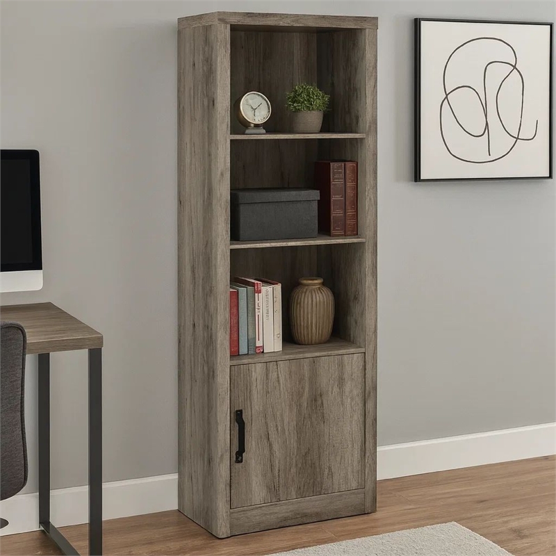 Sac 71 Inch Media Pier Tower with 3 Shelves and Single Cabinet- Gray Wood