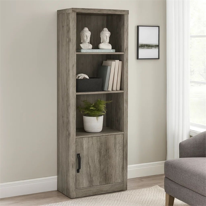 Sac 71 Inch Media Pier Tower with 3 Shelves and Single Cabinet- Gray Wood